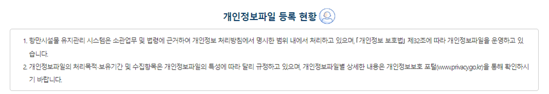 개인정보파일 등록 현황 ① 해양수산부는 소관업무 및 법령에 근거하여 개인정보 처리방침에서 명시한 범위 내에서 처리하고 있으며, ｢개인정보 보호법｣ 제32조에 따라 개인정보파일을 운영하고 있습니다. ② 개인정보파일의 처리목적‧보유기간 및 수집항목은 개인정보파일의 특성에 따라 달리 규정하고 있으며, 개인정보파일별 상세한 내용은 개인정보보호 포털(www.privacy.go.kr)을 통해 확인하시기 바랍니다.