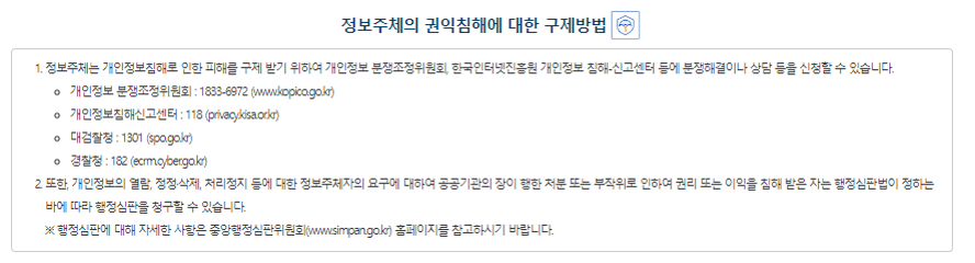 권익침해 구제방법 정보주체는 개인정보침해로 인한 피해를 구제 받기 위하여 개인정보 분쟁조정위원회, 한국인터넷진흥원 개인정보 침해-신고센터 등에 분쟁해결이나 상담 등을 신청할 수 있습니다. 개인정보 분쟁조정위원회 : 1833-6972 (www.kopico.go.kr) 개인정보침해신고센터 : 118 (privacy.kisa.or.kr) 대검찰청 : 1301 (spo.go.kr) 경찰청 : 182 (ecrm.cyber.go.kr) 또한, 개인정보의 열람, 정정·삭제, 처리정지 등에 대한 정보주체자의 요구에 대하여 공공기관의 장이 행한 처분 또는 부작위로 인하여 권리 또는 이익을 침해 받은 자는 행정심판법이 정하는 바에 따라 행정심판을 청구할 수 있습니다. ※ 행정심판에 대해 자세한 사항은 중앙행정심판위원회(www.simpan.go.kr) 홈페이지를 참고하시기 바랍니다.